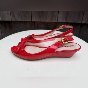 Prada orange patented leather shoes sling back platform Sz 7 37.5.